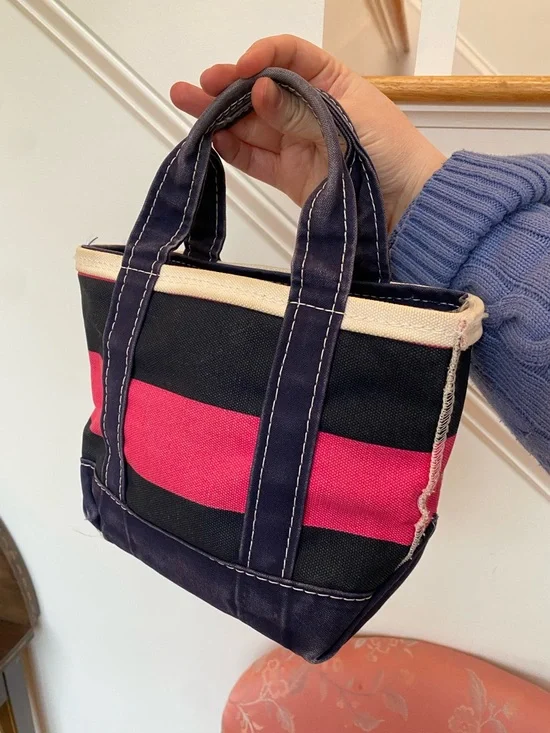 L.L. Bean 90s Vintage Mini Boat & Tote Canvas Pink & Navy Stripe Bag Made in USA - Picture 3 of 10